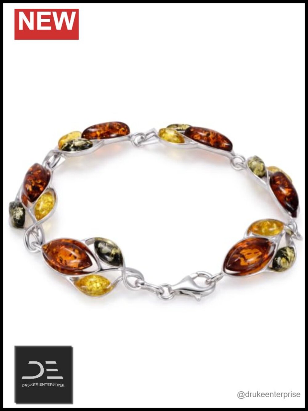 Sterling Silver Genuine Baltic Amber Link Bracelet